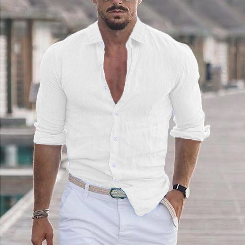 Men'S And Women'S Summer Cotton And Linen Lapel Beach Shirts Long-Sleeved Pure Multi-Color Hawaiian Holiday Clothing - Image 2